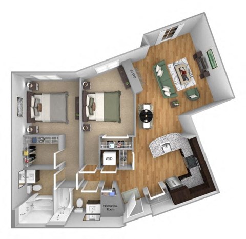 Floor plan for 2 beds, 2 baths, 1149 sqft