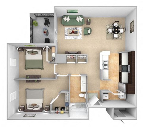Floor plan for 2 beds, 1 bath, 983 sqft