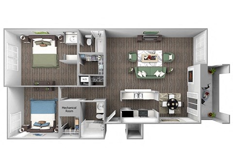 Floor plan for 2 beds, 2 baths, 1027 sqft
