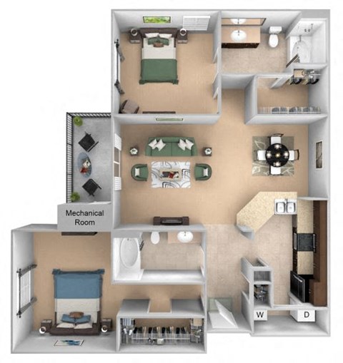 Floor plan for 2 beds, 2 baths, 1197 sqft