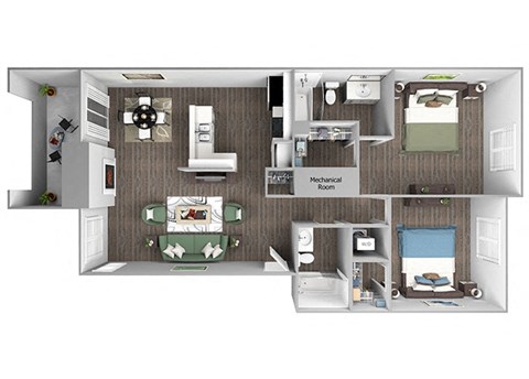 Floor plan for 2 beds, 2 baths, 1037 sqft