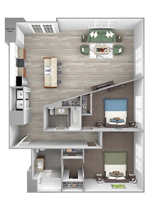 Floor plan for 2 beds, 2 baths, 1045 sqft
