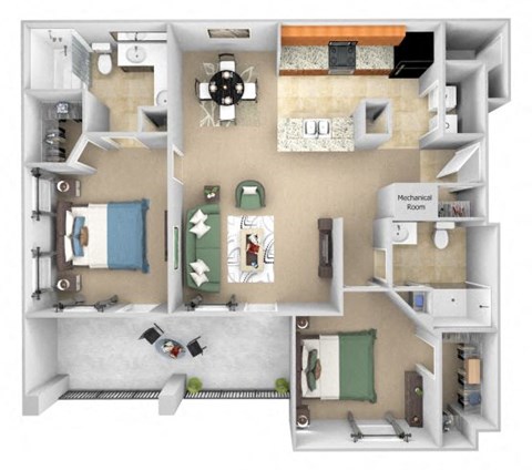 Floor plan for 2 beds, 2 baths, 1125 sqft