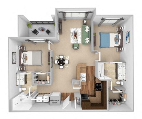 Floor plan for 2 beds, 2 baths, 1080 sqft