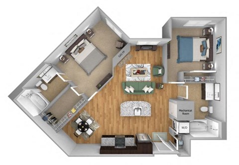 Floor plan for 2 beds, 2 baths, 996 sqft