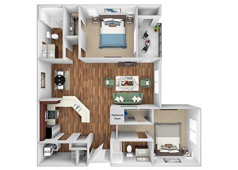 Floor plan for 2 beds, 2 baths, 1173 sqft