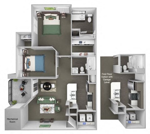 Floor plan for 2 beds, 2 baths, 1070 sqft