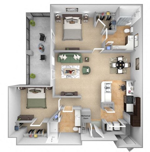 Floor plan for 2 beds, 2 baths, 1125 sqft