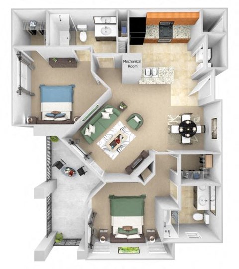 Floor plan for 2 beds, 2 baths, 1195 sqft