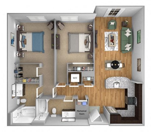 Floor plan for 2 beds, 2 baths, 1017 sqft