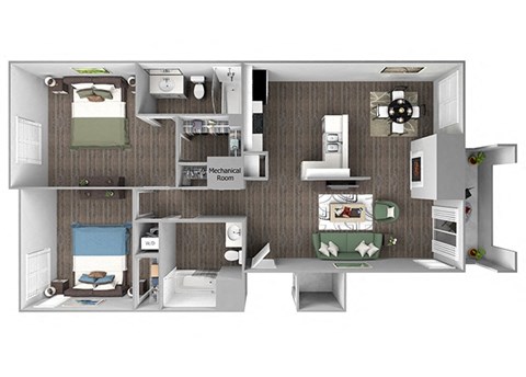 Floor plan for 2 beds, 2 baths, 1053 sqft