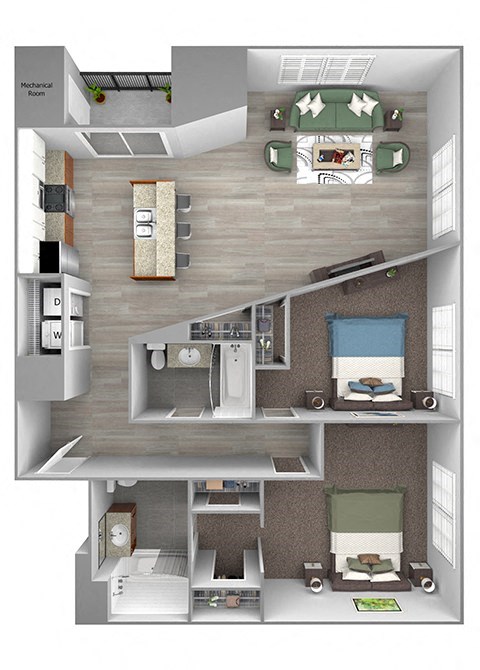 Floor plan for 2 beds, 2 baths, 1055 sqft