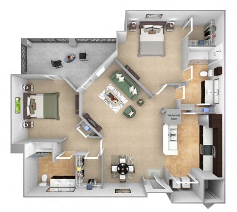 Floor plan for 2 beds, 2 baths, 1195 sqft
