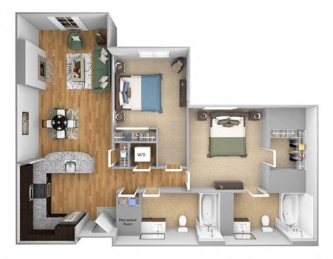 Floor plan for 2 beds, 2 baths, 1020 sqft