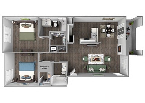 Floor plan for 2 beds, 2 baths, 1054 sqft