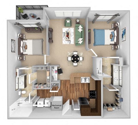 Floor plan for 2 beds, 2 baths, 1165 sqft