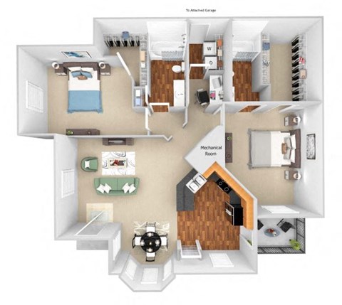 Floor plan for 2 beds, 2 baths, 1328 sqft
