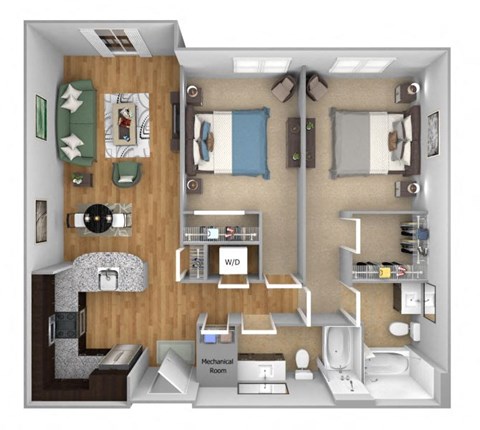 Floor plan for 2 beds, 2 baths, 1078 sqft