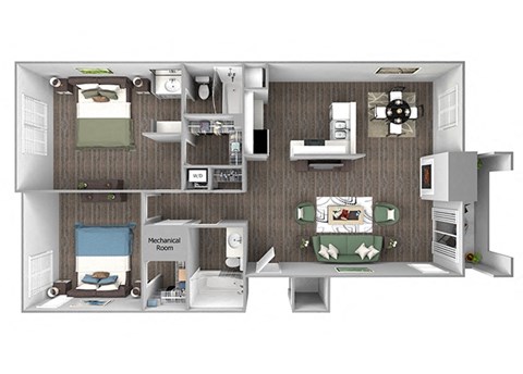 Floor plan for 2 beds, 2 baths, 1054 sqft