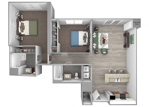 Floor plan for 2 beds, 2 baths, 1067 sqft