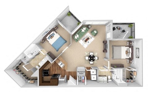 Floor plan for 2 beds, 2 baths, 1177 sqft