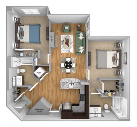 Floor plan for 2 beds, 2 baths, 1096 sqft