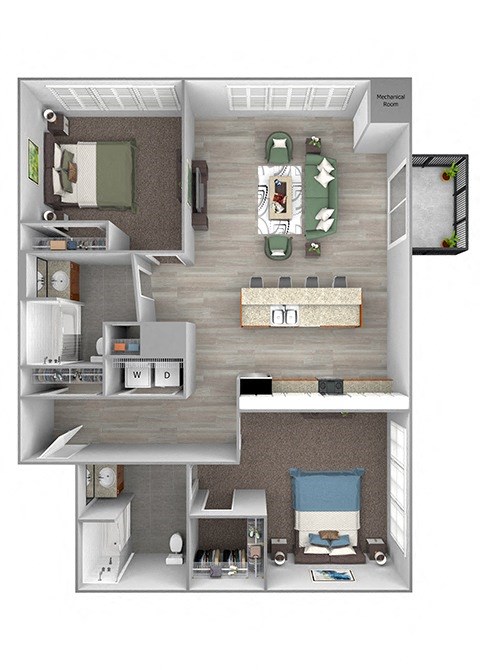Floor plan for 2 beds, 2 baths, 1072 sqft