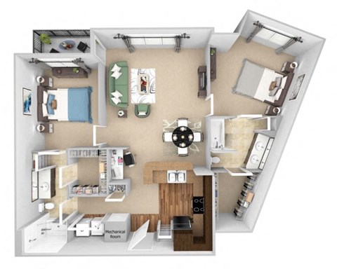 Floor plan for 2 beds, 2 baths, 1228 sqft