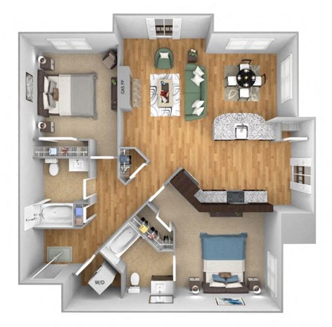 Floor plan for 2 beds, 2 baths, 1098 sqft