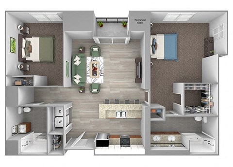 Floor plan for 2 beds, 2 baths, 1168 sqft