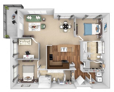Floor plan for 2 beds, 2 baths, 1343 sqft