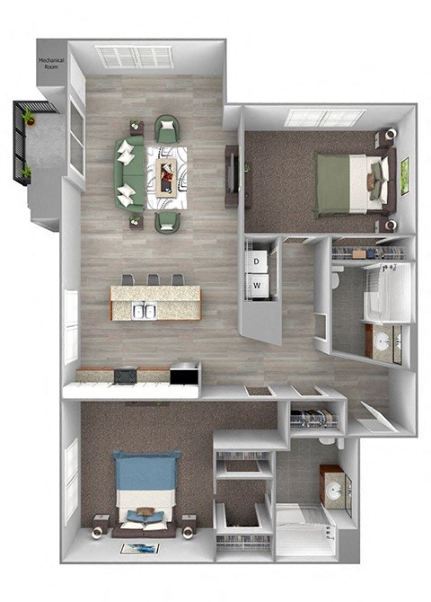 Floor plan for 2 beds, 2 baths, 1172 sqft