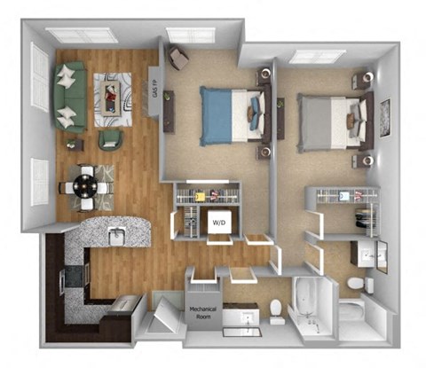 Floor plan for 2 beds, 2 baths, 1134 sqft
