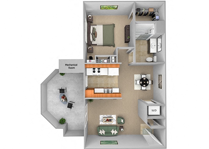 Floor plan for 1 bed, 1 bath, 740 sqft