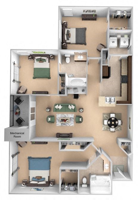 Floor plan for 3 beds, 2 baths, 1490 sqft
