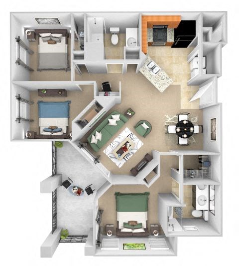 Floor plan for 3 beds, 2 baths, 1327 sqft