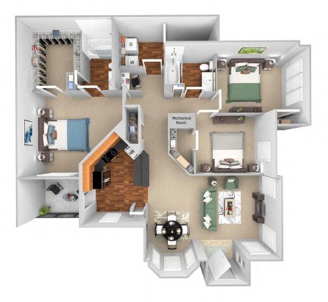 Floor plan for 3 beds, 2 baths, 1445 sqft