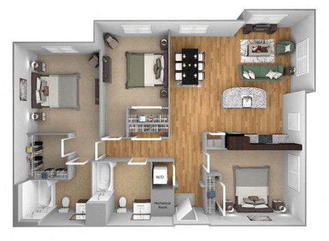 Floor plan for 3 beds, 2 baths, 1304 sqft
