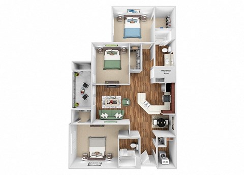 Floor plan for 3 beds, 2 baths, 1397 sqft