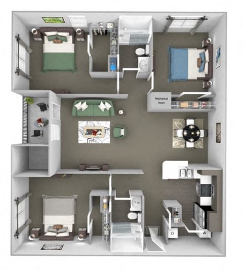 Floor plan for 3 beds, 2 baths, 1299 sqft