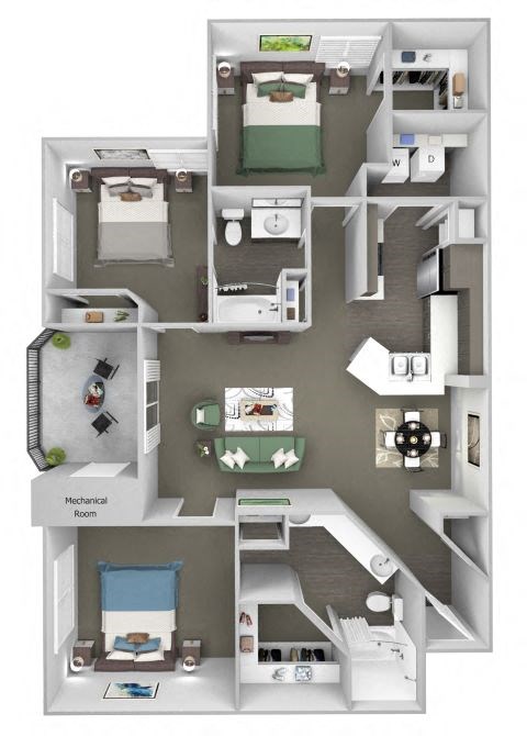 Floor plan for 3 beds, 2 baths, 1569 sqft