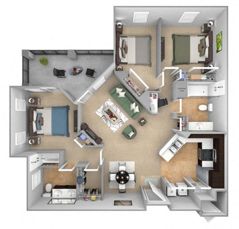 Floor plan for 3 beds, 2 baths, 1327 sqft