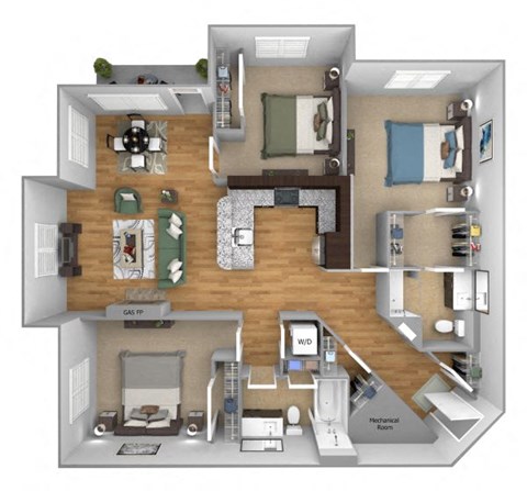 Floor plan for 3 beds, 2 baths, 1324 sqft