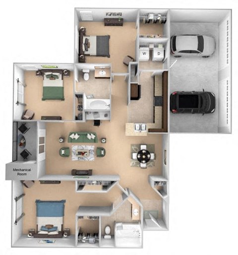 Floor plan for 3 beds, 2 baths, 1490 sqft