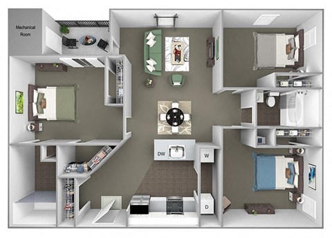 Floor plan for 3 beds, 2 baths, 1160 sqft