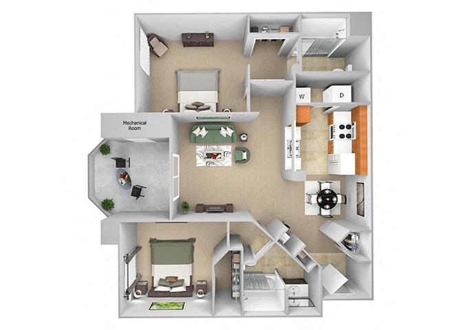 Floor plan for 2 beds, 2 baths, 984 sqft