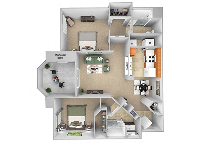 Floor plan for 2 beds, 2 baths, 998 sqft
