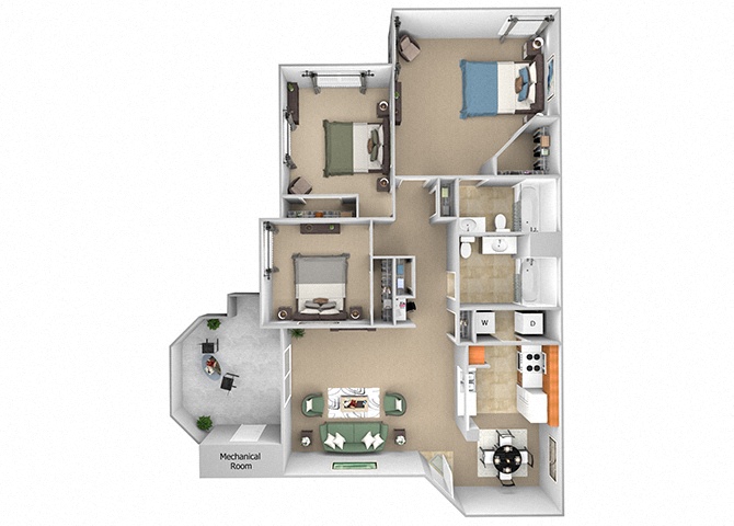 Floor plan for 3 beds, 2 baths, 1320 sqft