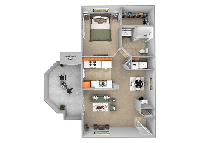Floor plan for 1 bed, 1 bath, 792 sqft