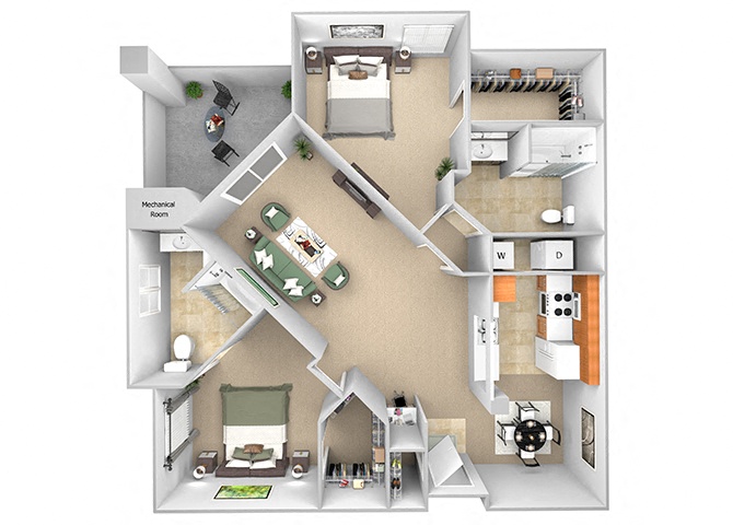 Floor plan for 2 beds, 2 baths, 1260 sqft